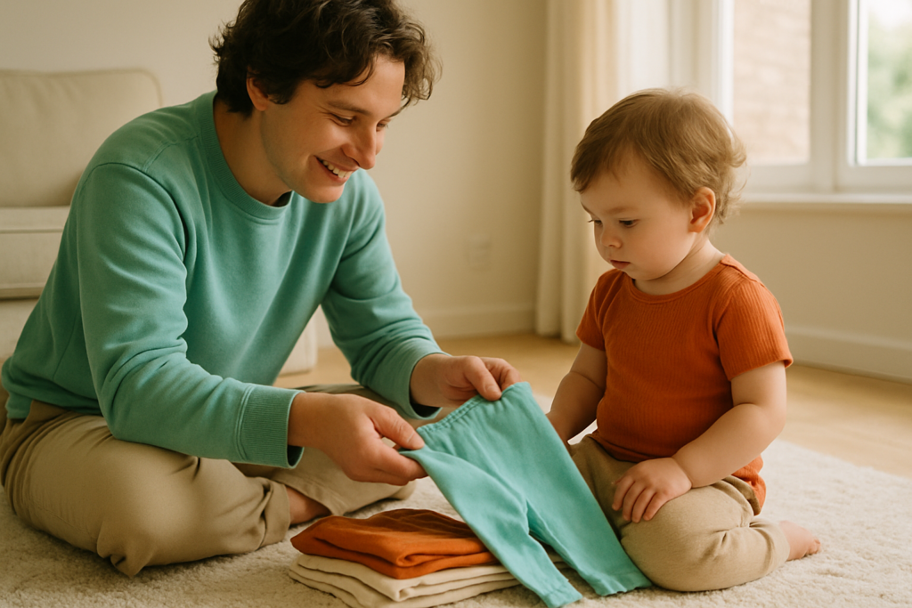 A parent kneeling on a rug beside a toddler, helping them pick out a pair of cotton pants in a bright living room.