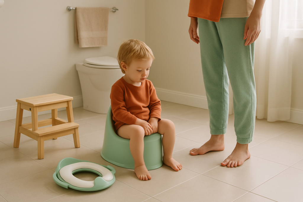 Toddler sitting on a potty in a home bathroom during a calm potty training moment