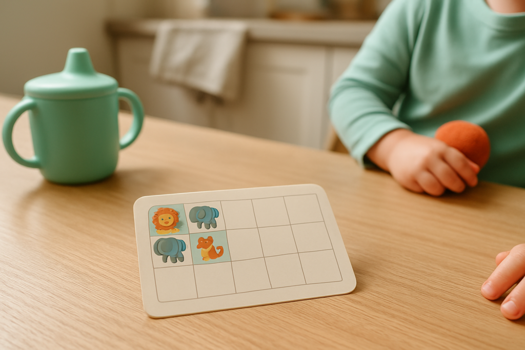 A toddler's potty training sticker card on a table with a few animal stickers filled in and empty squares still to go