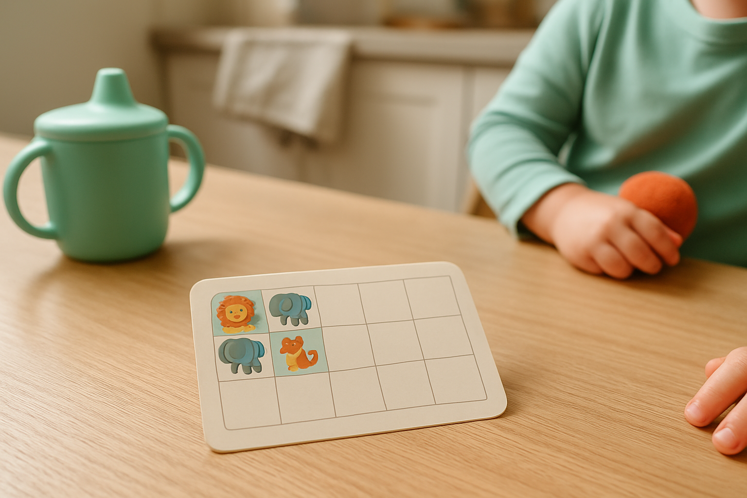 A toddler's potty training sticker card on a table with a few animal stickers filled in and empty squares still to go