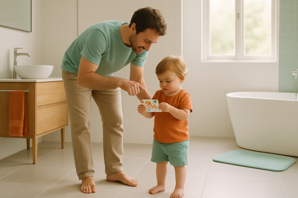A parent and toddler sitting on a sofa together looking at a small sticker reward card in a bright living room.