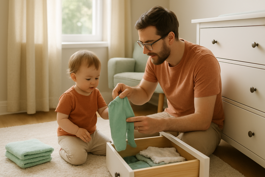 A parent kneeling next to a toddler in a bright living room, helping them choose a pair of pants from a drawer.