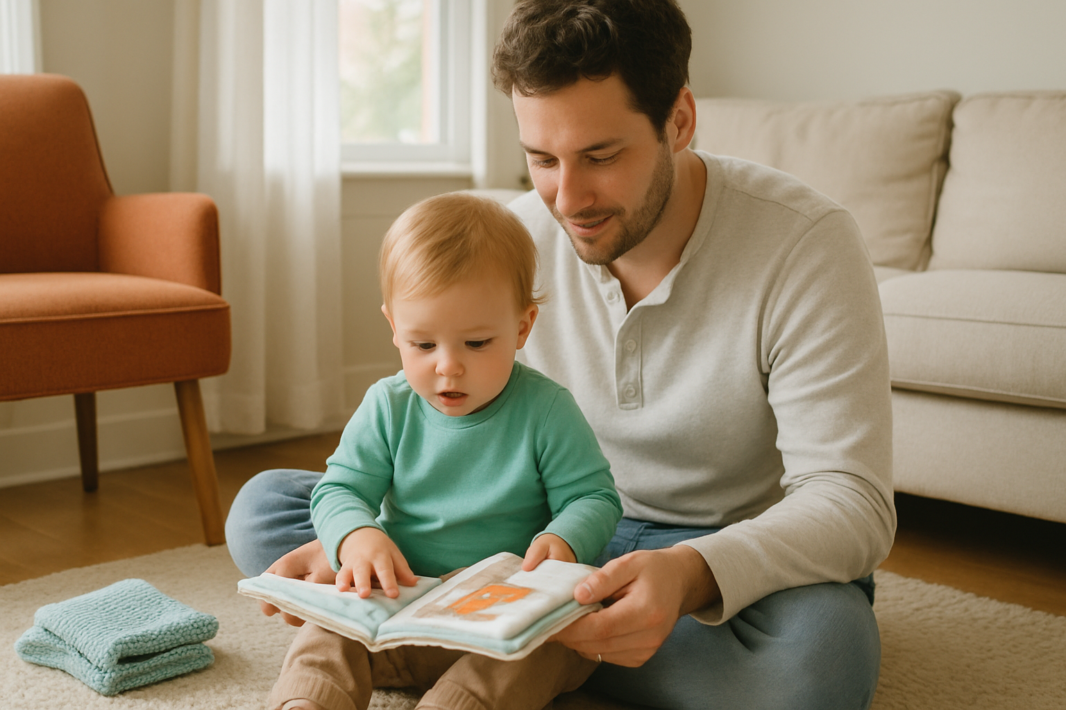 A parent and toddler sitting together on the floor reading a picture book in a softly lit living room.