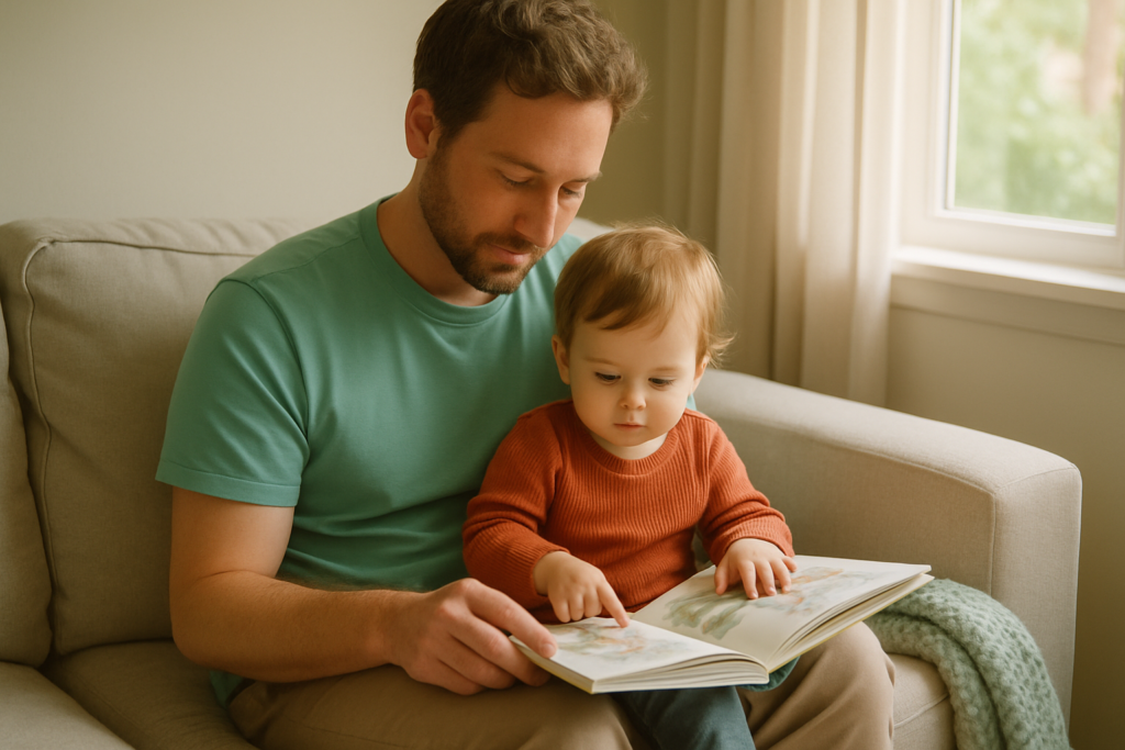 A toddler sits on a parent's lap on a sofa reading a picture book together in soft natural light.