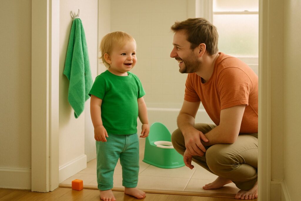 A toddler stands smiling in a bathroom doorway while a parent crouches beside them, both in natural daylight.