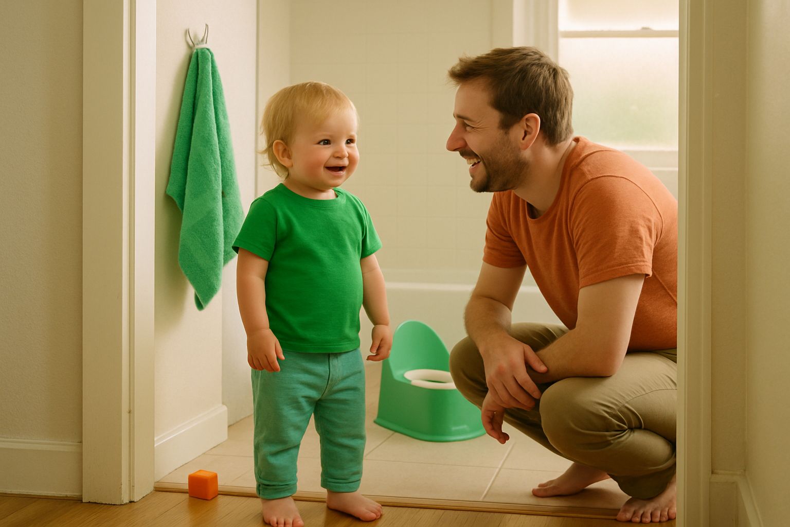 A toddler stands smiling in a bathroom doorway while a parent crouches beside them, both in natural daylight.