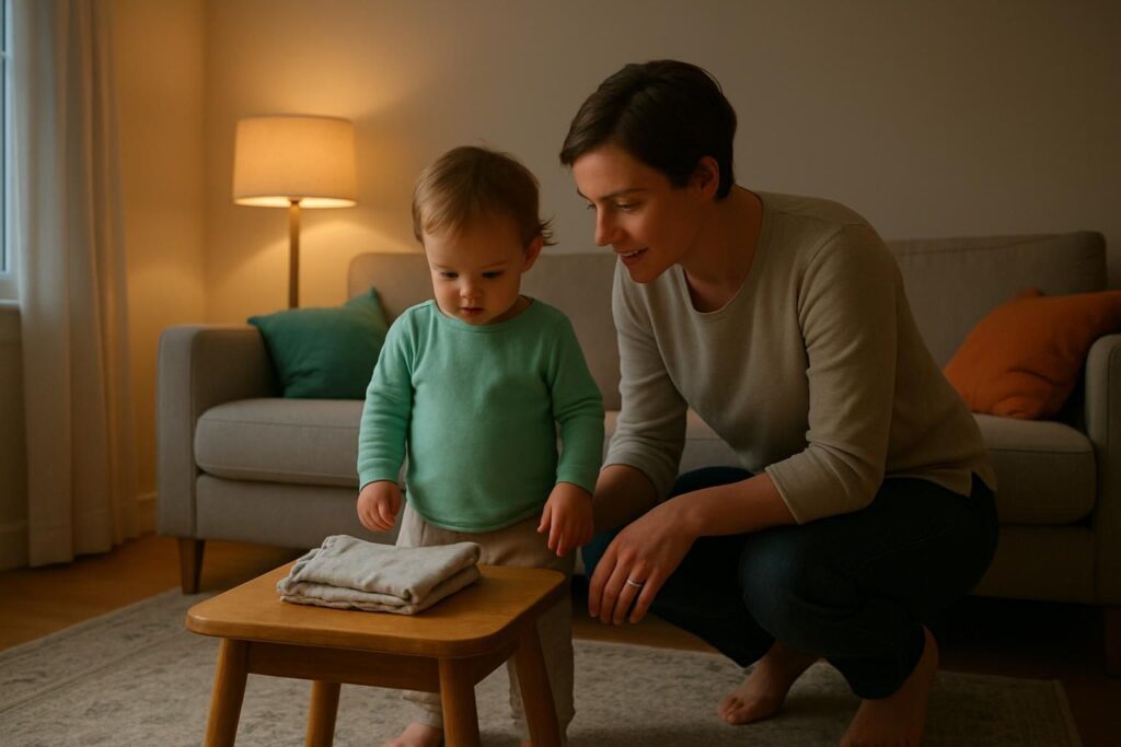 A parent kneels beside a toddler in a bright living room, both looking at a small pair of folded cotton pants on a stool.