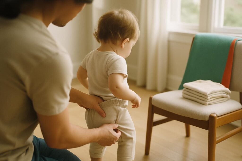 A parent helping a toddler step into clean cotton pants in a bright living room.