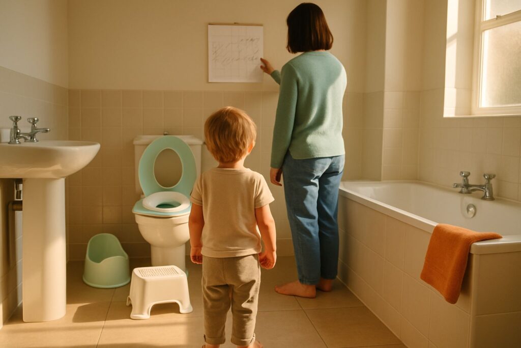 A toilet seat reducer and step stool set up in your bathroom, ready for the week you move your child from potty to toilet