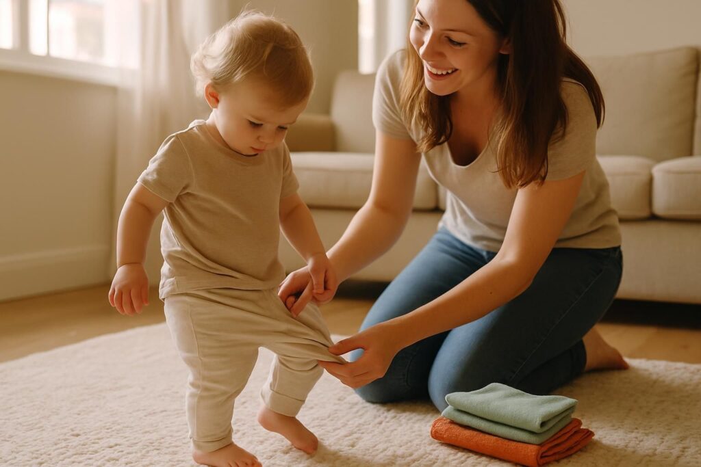 You help your toddler into cotton pants on the living room rug in the morning light.