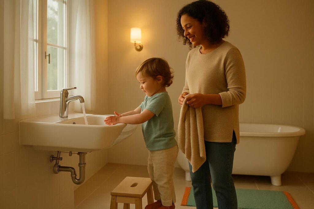 Your toddler can climb onto the step stool to wash their hands at the bathroom sink while you stand beside them.