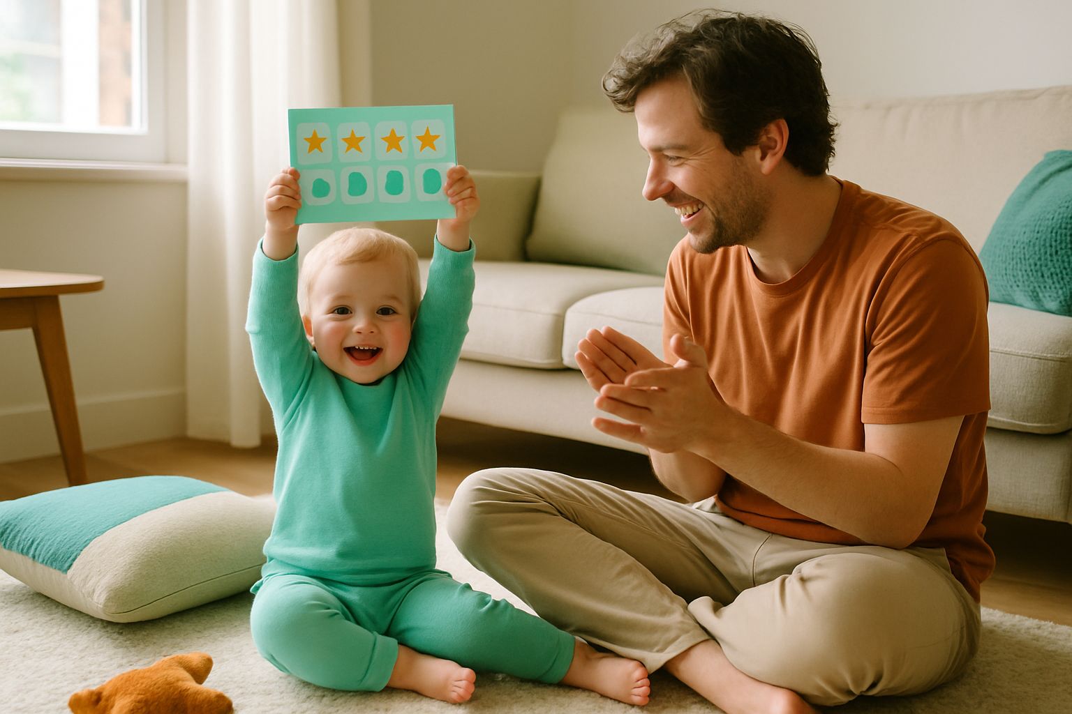 A toddler sits on a living room rug holding up a sticker chart while a parent claps and smiles beside them.