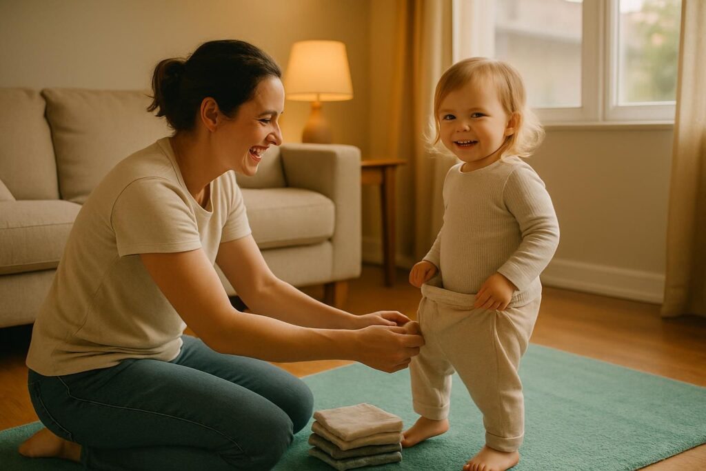You help your daughter step into cotton pants on the living room rug.