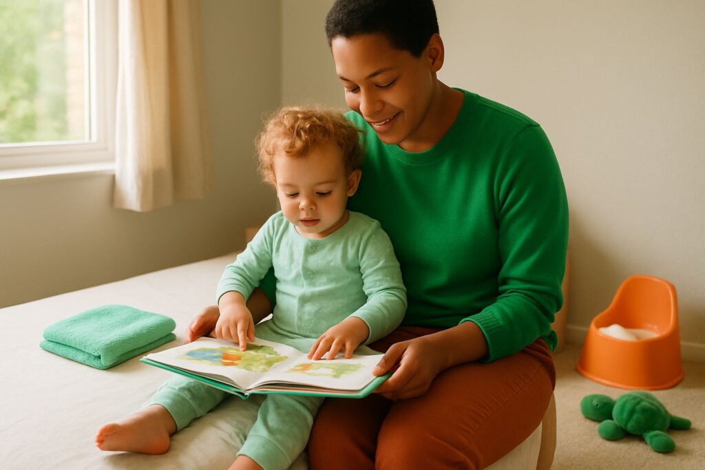 A parent sits on a bed reading a picture book with a toddler in pyjamas in a softly lit bedroom.