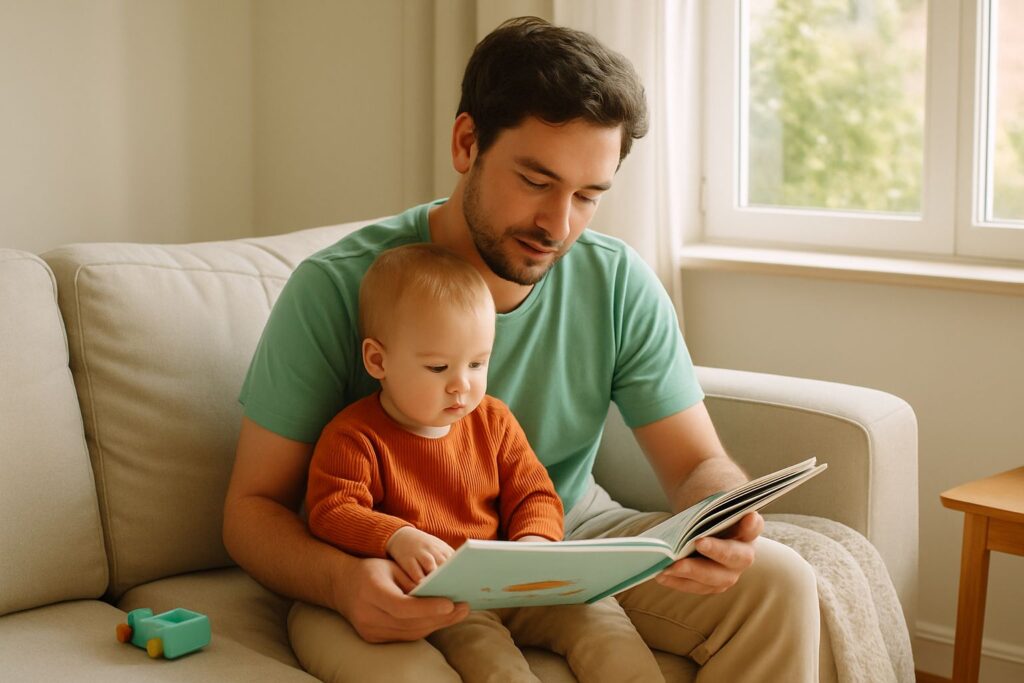 A parent and toddler sitting together on a sofa reading a picture book in natural light.