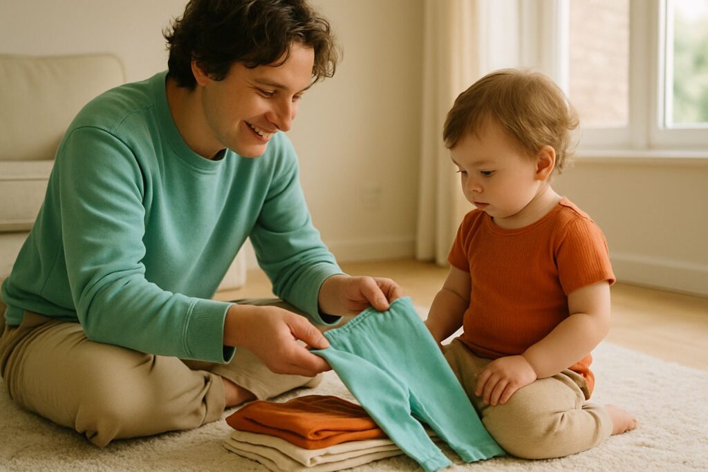 A parent kneeling on a rug beside a toddler, helping them pick out a pair of cotton pants in a bright living room.
