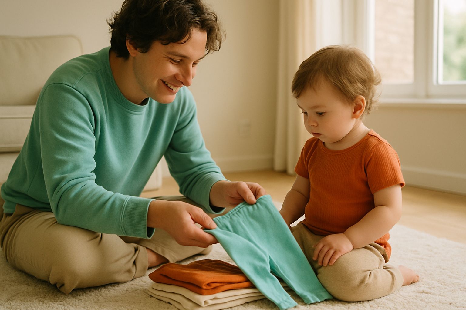 A parent kneeling on a rug beside a toddler, helping them pick out a pair of cotton pants in a bright living room.