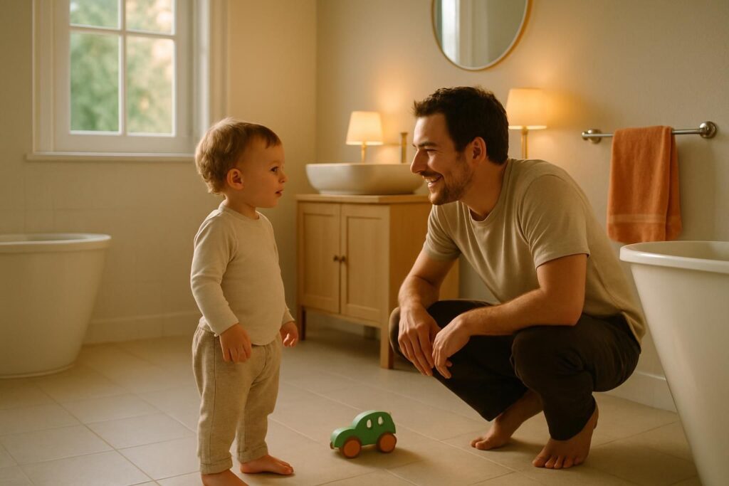 A parent crouches down to talk with a toddler standing in a bright bathroom.