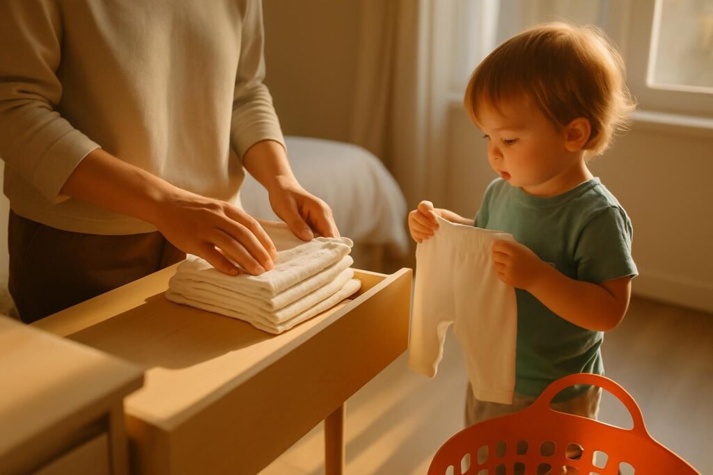 A parent folds small cotton pants at an open drawer while a toddler stands beside them holding a pair of their own.