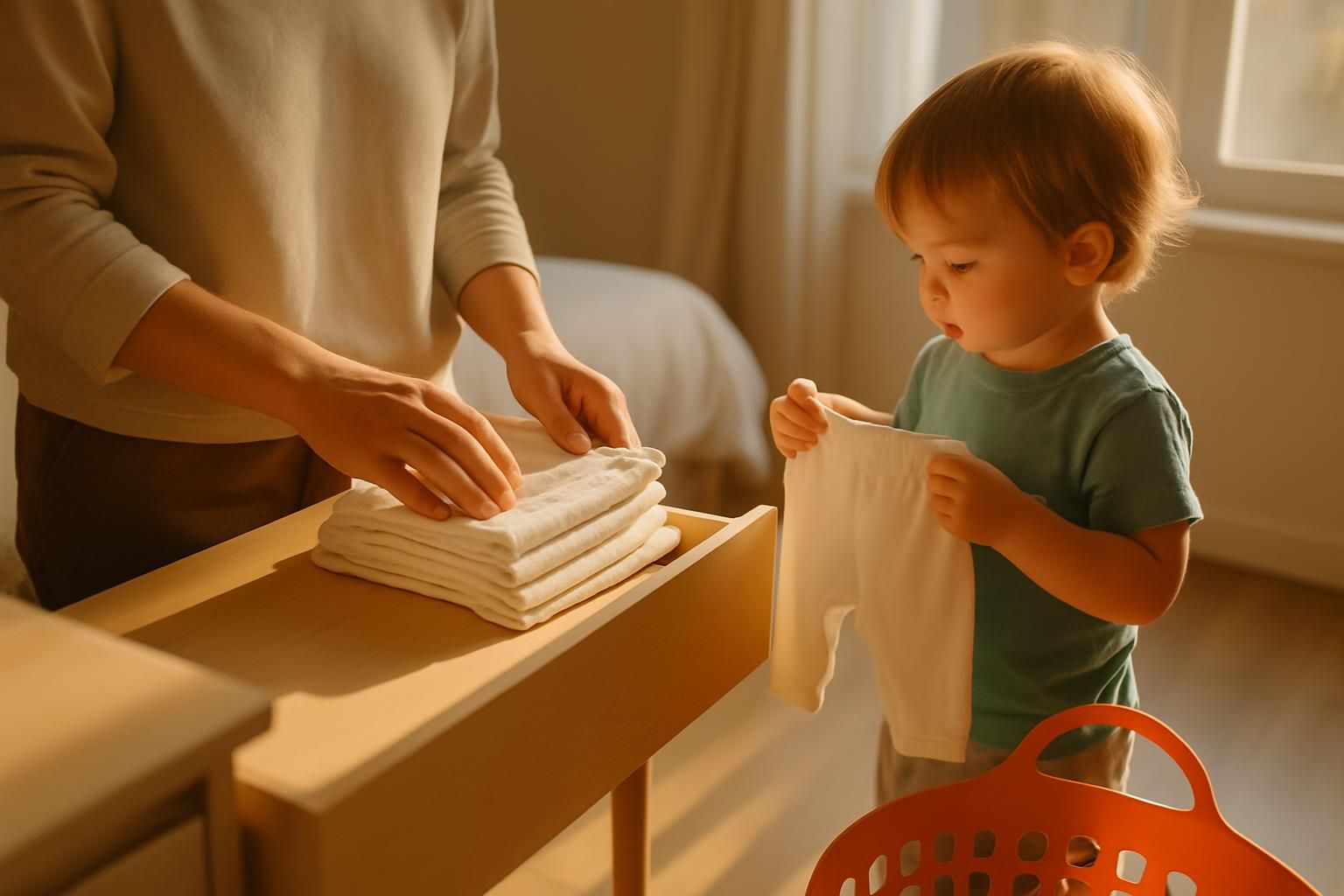 A parent folds small cotton pants at an open drawer while a toddler stands beside them holding a pair of their own.