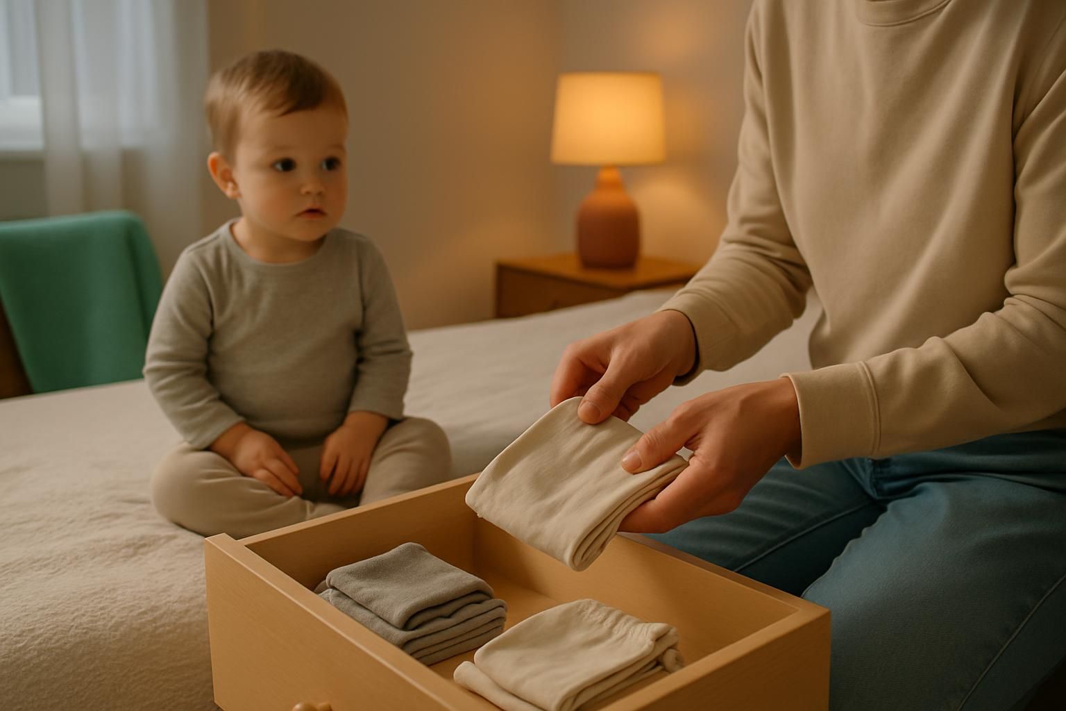 The cotton pants you have folded ready in the drawer while your toddler watches from the bed in a sunlit bedroom.