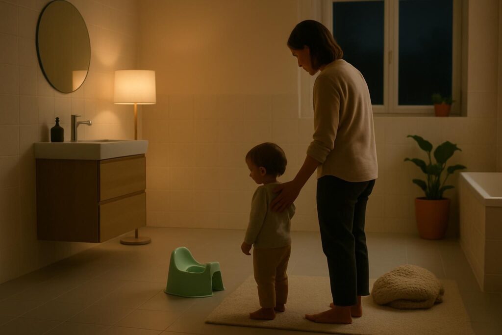 A parent sits on the floor with a toddler on their lap near a potty in a bright living room.