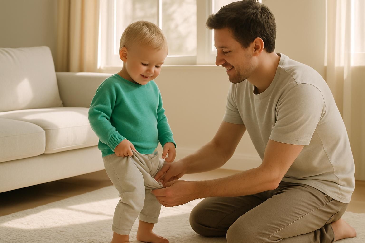 A parent kneels on a living room rug helping a toddler step into cotton pants in soft morning light.