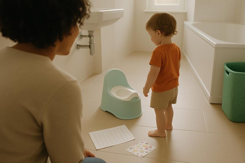 You sitting with your toddler beside the potty, a tracking schedule and sticker cards laid out on the floor.