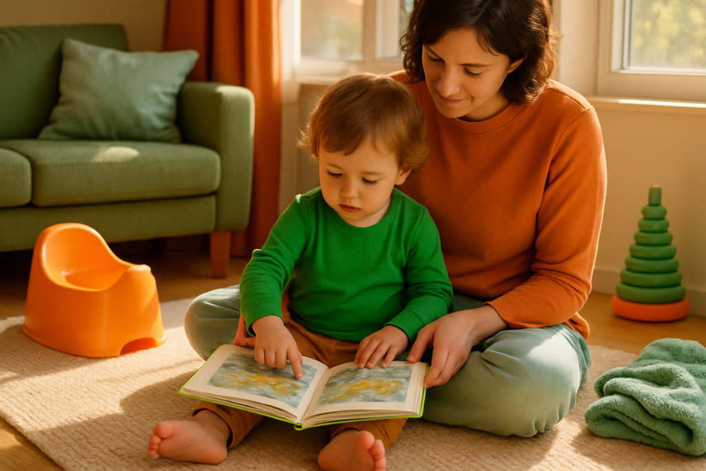 Un parent et un jeune enfant assis sur un tapis, en train de regarder un livre d'images ensemble dans un salon lumineux.