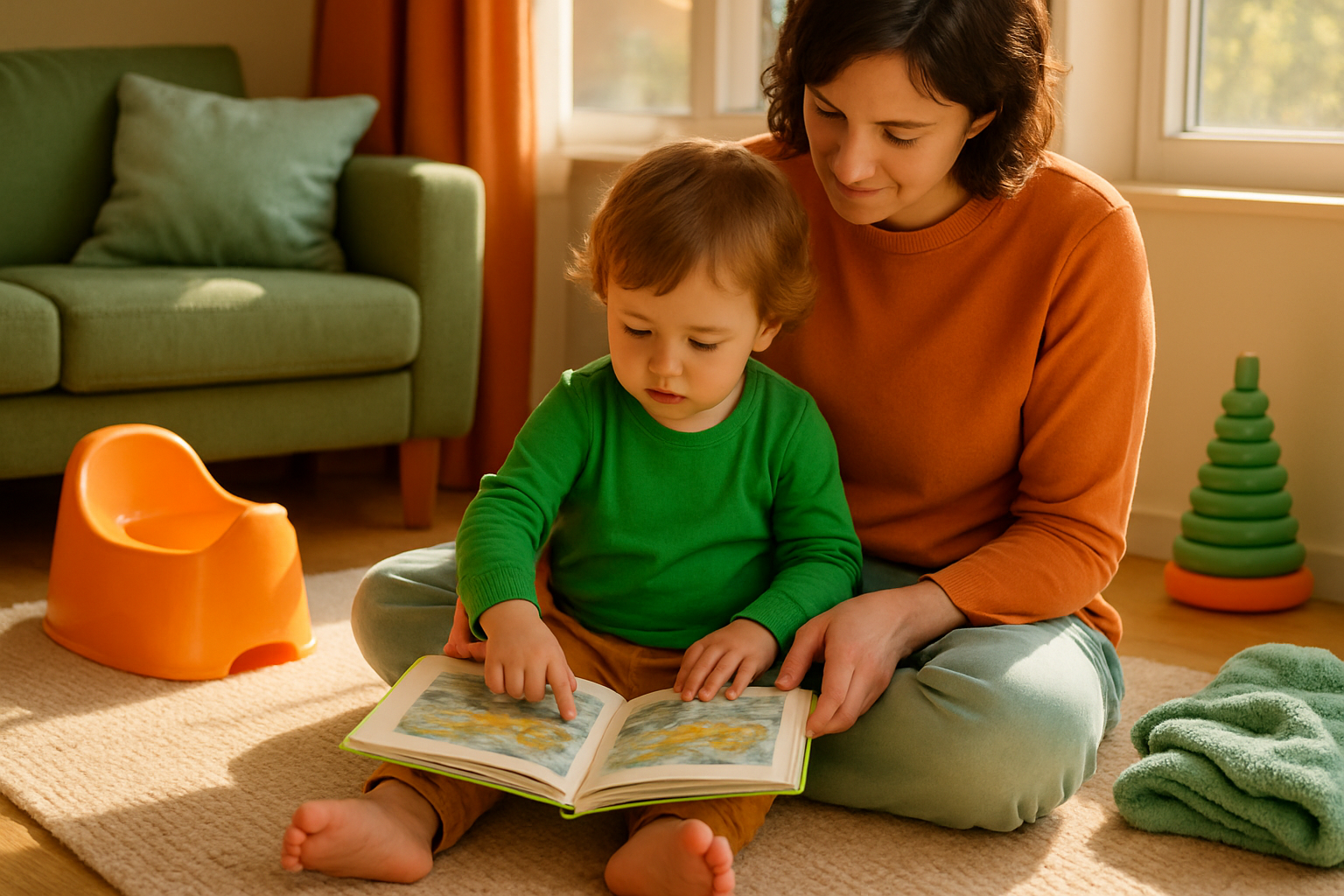 Un parent et un jeune enfant assis sur un tapis, en train de regarder un livre d'images ensemble dans un salon lumineux.