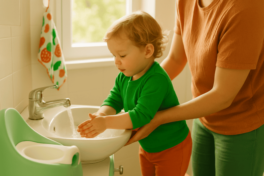 Un tout-petit se lave les mains devant un lavabo avec l'aide d'un parent dans une salle de bain baignée de lumière naturelle.