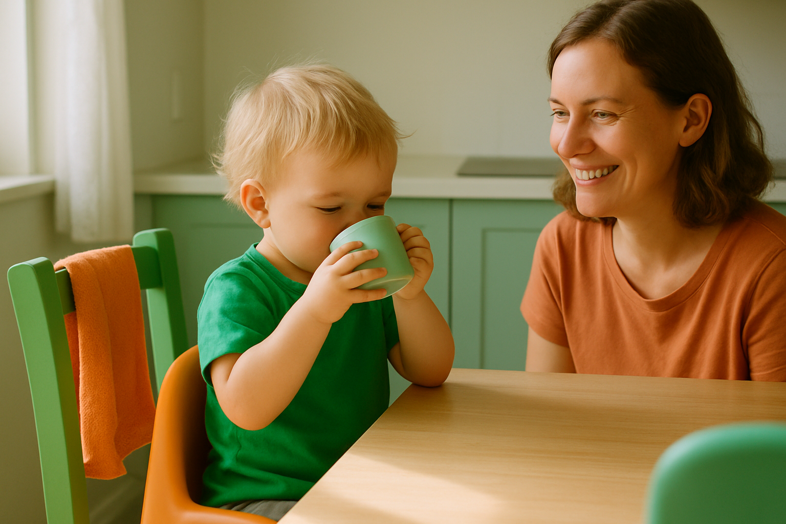 Un enfant assis à table boit dans une petite tasse pendant qu'un parent l'observe avec un sourire.