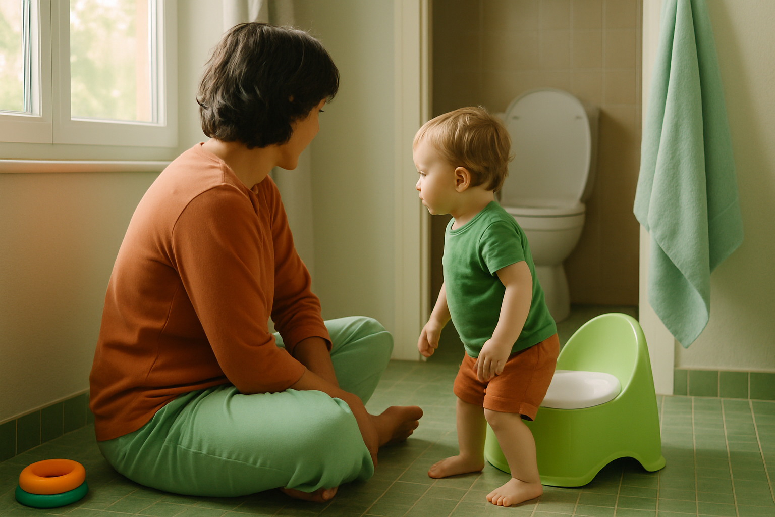 Un parent assis calmement à côté d'un jeune enfant dans une salle de bain baignée de lumière douce du matin.