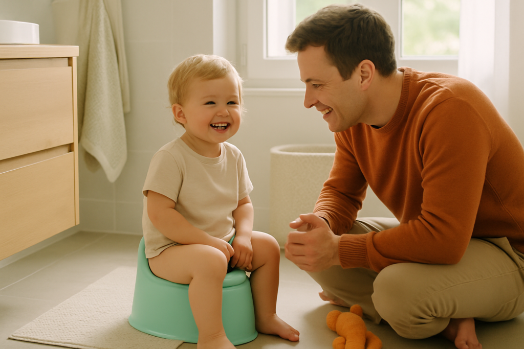 Enfant de deux ans assis sur son pot dans une salle de bain avec un parent qui l'encourage