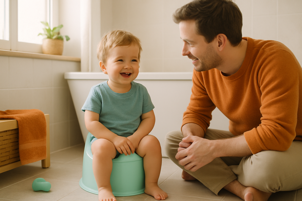 Enfant de deux ans assis sur son pot dans une salle de bain avec un parent qui l'encourage