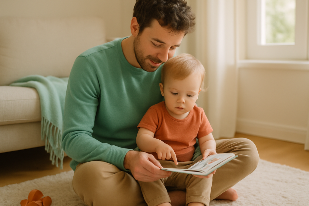 Un parent assis avec son jeune enfant sur un tapis dans un salon lumineux, en train de regarder un livre ensemble.