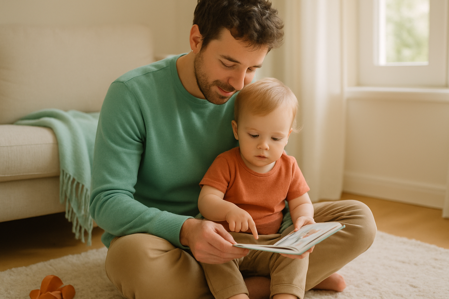 Un parent assis avec son jeune enfant sur un tapis dans un salon lumineux, en train de regarder un livre ensemble.