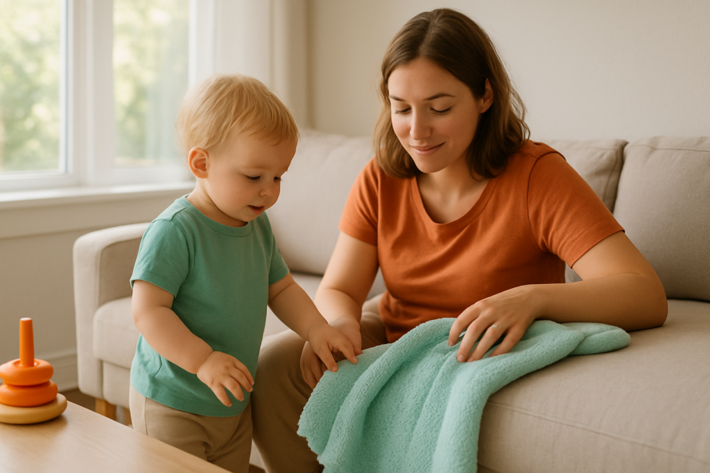 Un parent assis sur un canapé avec un jeune enfant debout à côté de lui, dans un salon lumineux.