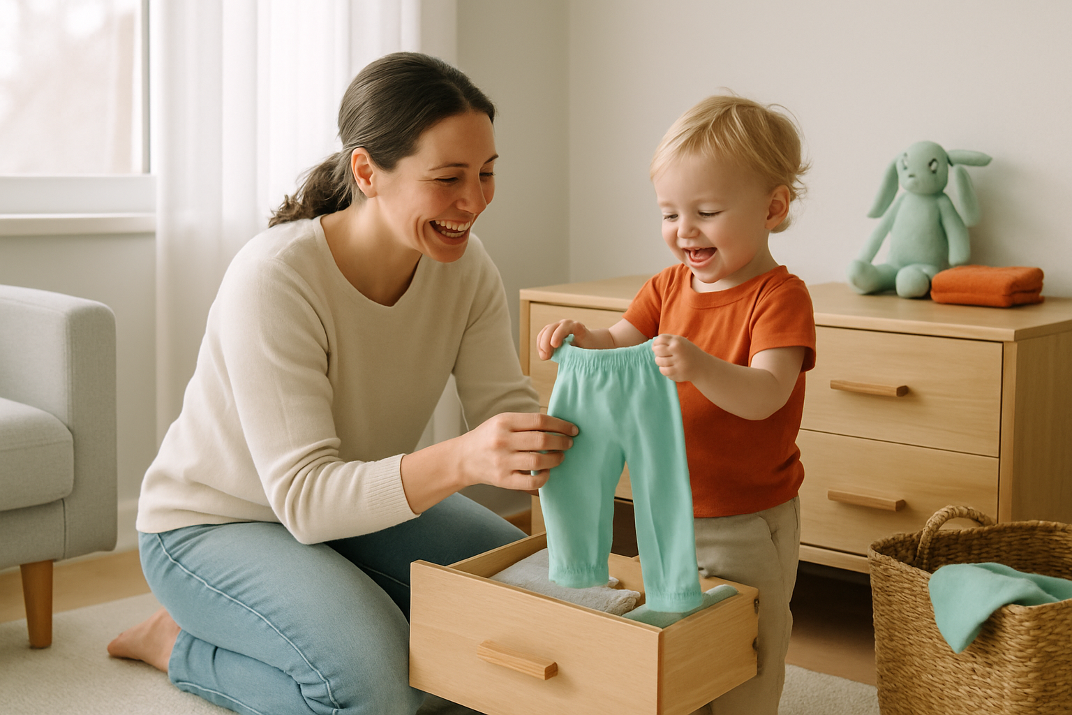 Un parent aide un jeune enfant à choisir une culotte en coton dans un tiroir, dans un salon lumineux.