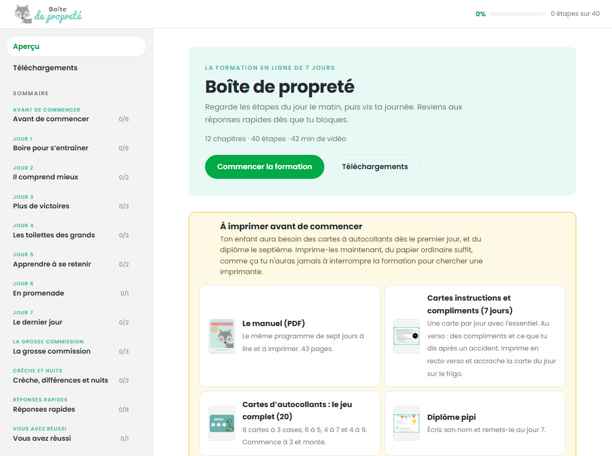 L'aperçu du cours : douze chapitres et les documents à imprimer avant de commencer