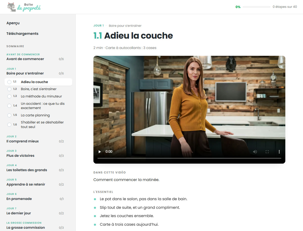 Le cours vidéo de l'intérieur : la vidéo du jour, l'essentiel en dessous et le manuel à ouvrir