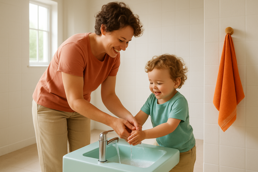 Un parent debout aide son enfant à se laver les mains dans une salle de bain lumineuse.
