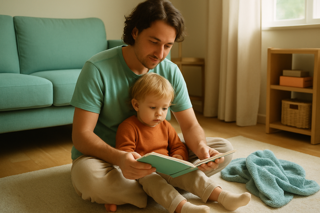 Un parent assis sur un tapis lit un livre d'images avec son jeune enfant dans un salon baigné de lumière naturelle.