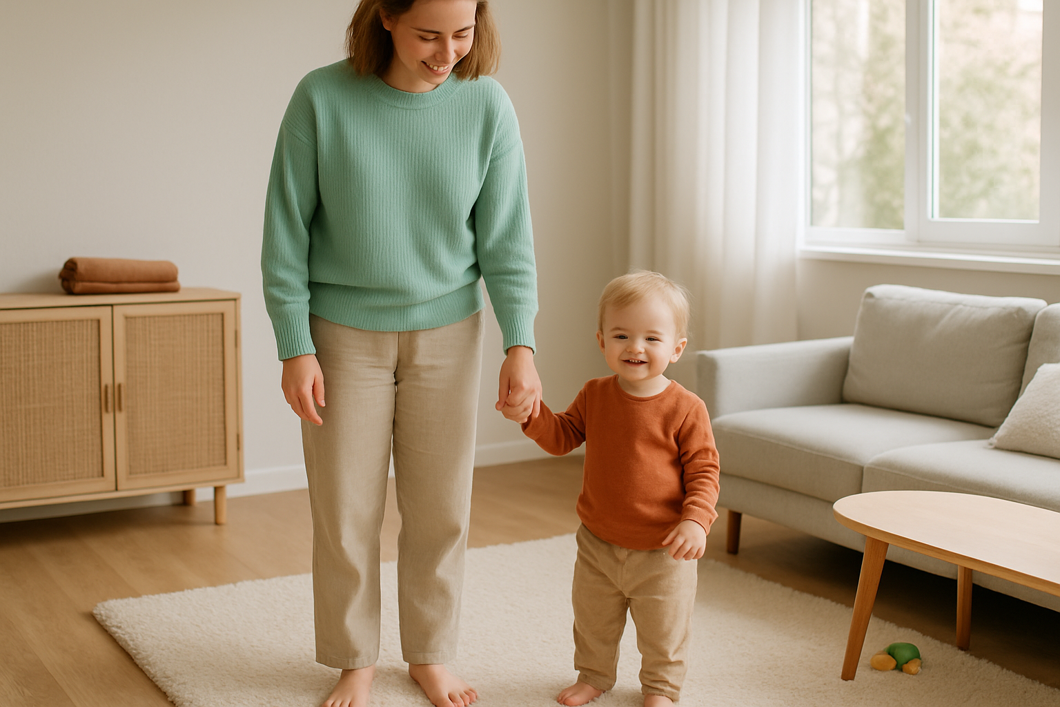 Un parent et un jeune enfant se tiennent la main dans un salon lumineux, souriant l'un vers l'autre.