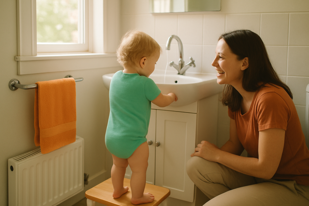 Un enfant debout sur un marchepied se lave les mains dans une salle de bain lumineuse pendant qu'un parent l'accompagne à côté.