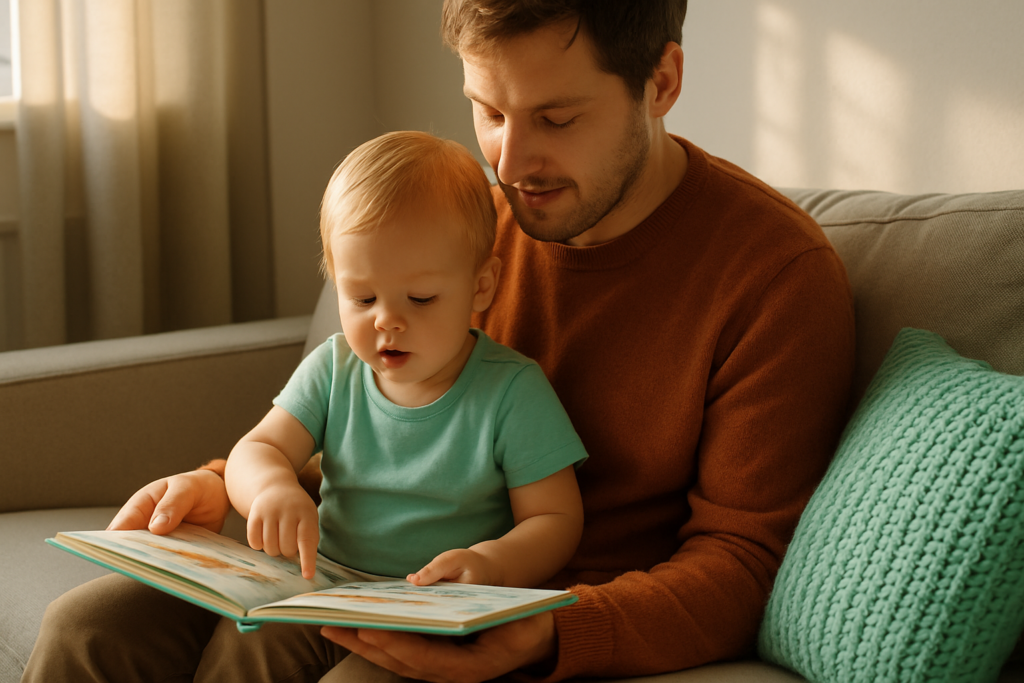Un parent et un jeune enfant assis sur un canapé en train de lire un livre illustré ensemble.