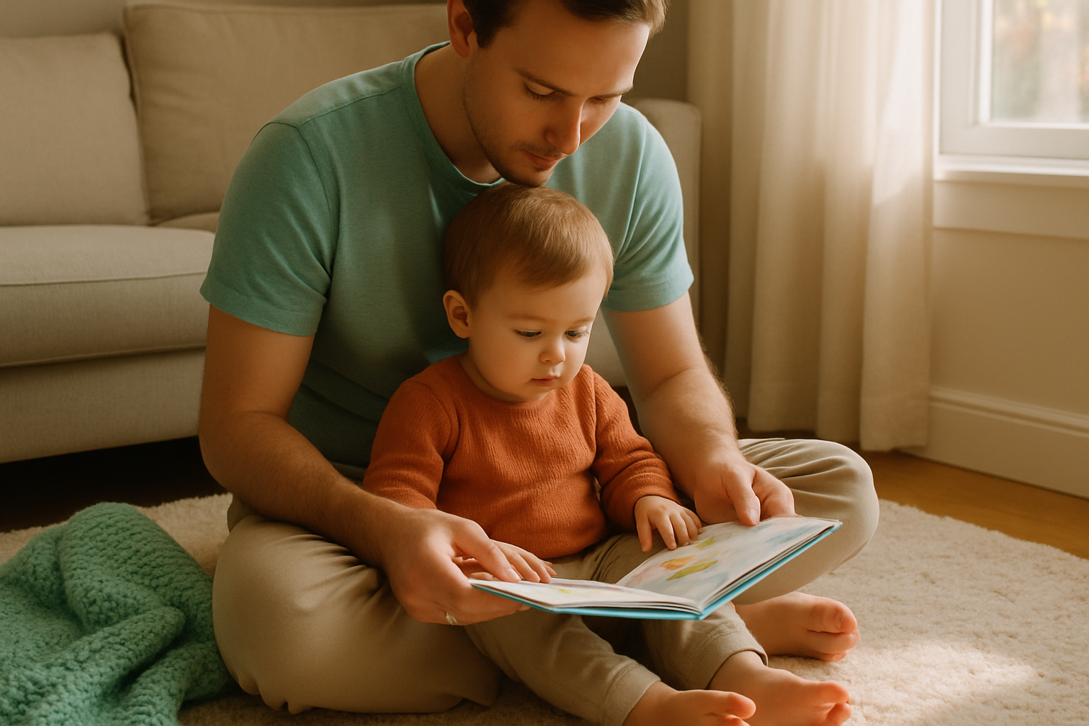 Un parent assis sur un tapis lit un livre illustré avec un jeune enfant blotti contre lui dans un salon lumineux.