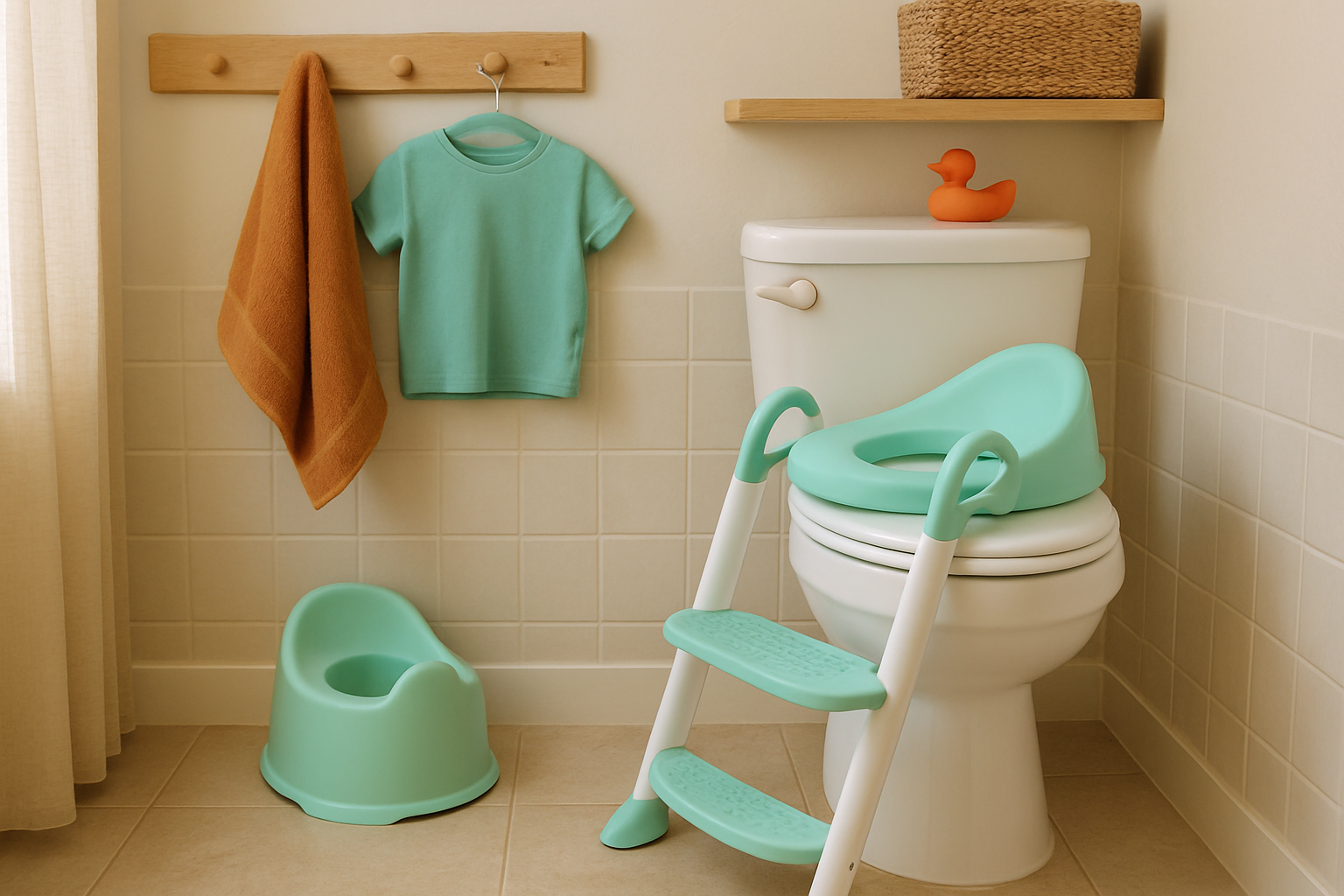 Pot pour enfant et réducteur de toilette avec marchepied installés dans une salle de bain familiale
