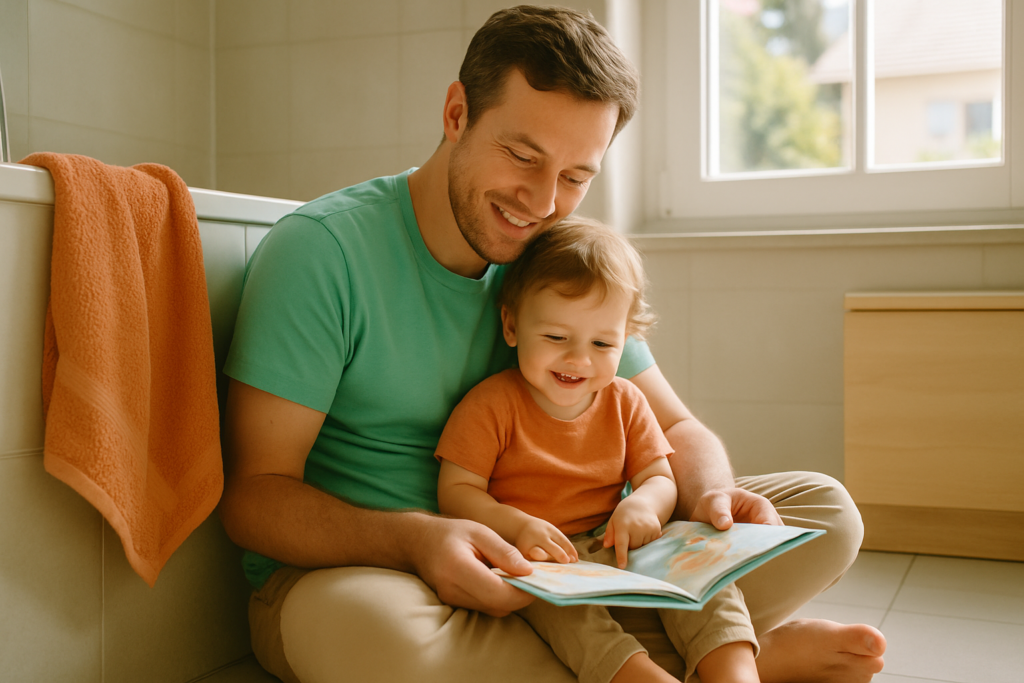 Un parent et un jeune enfant assis par terre dans une salle de bain lumineuse, en train de lire un livre ensemble.