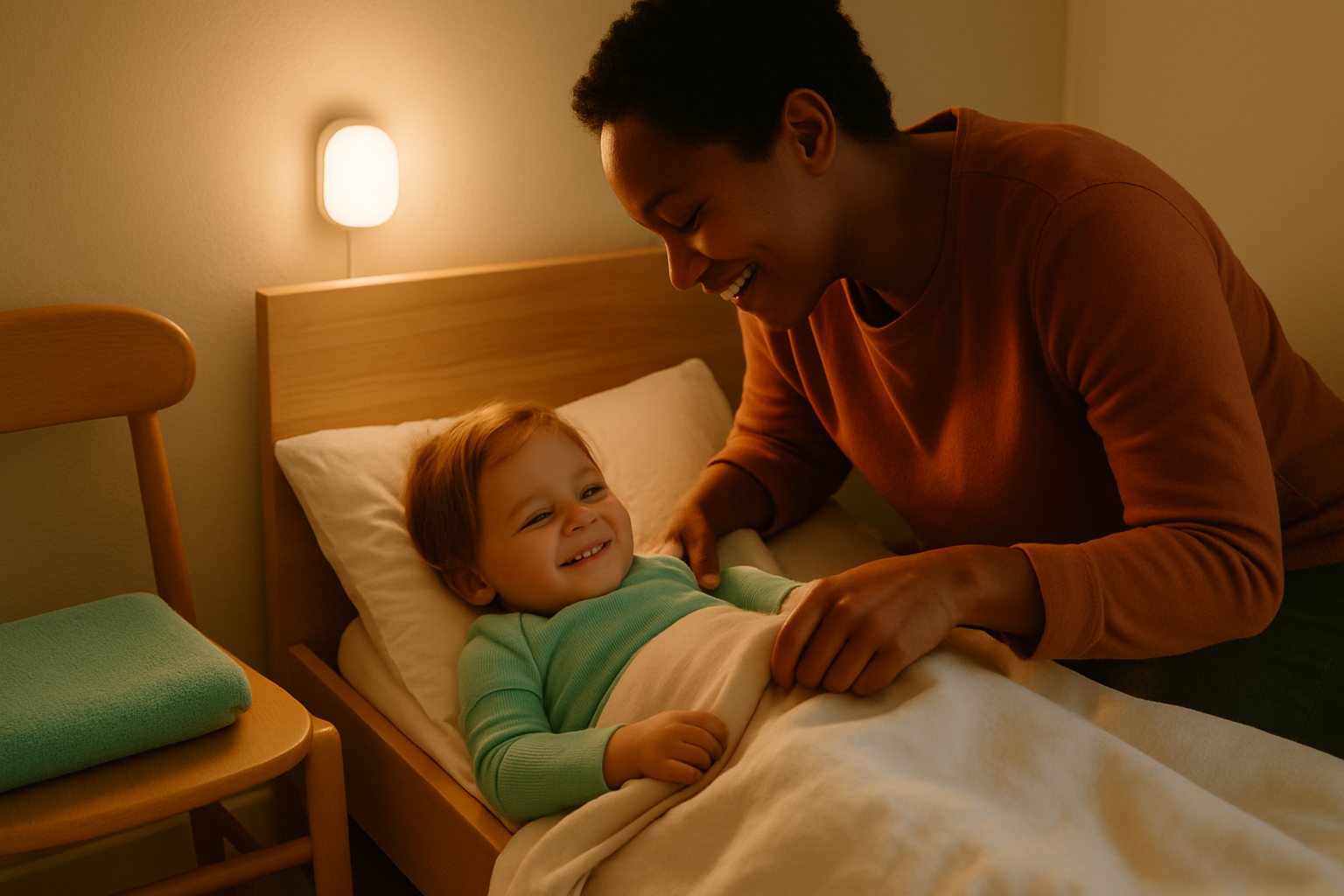 Un parent borde un jeune enfant dans son lit le soir, sous la lumière douce d'une veilleuse.